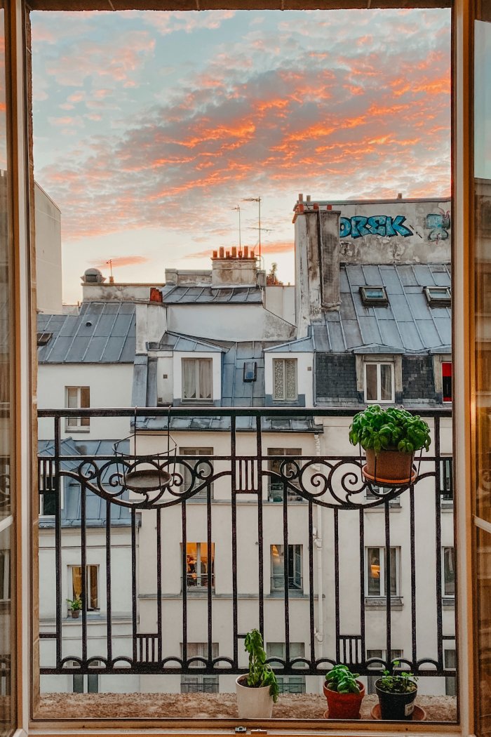 View from a balcony in Paris of city roofs. Les toits des Paris.